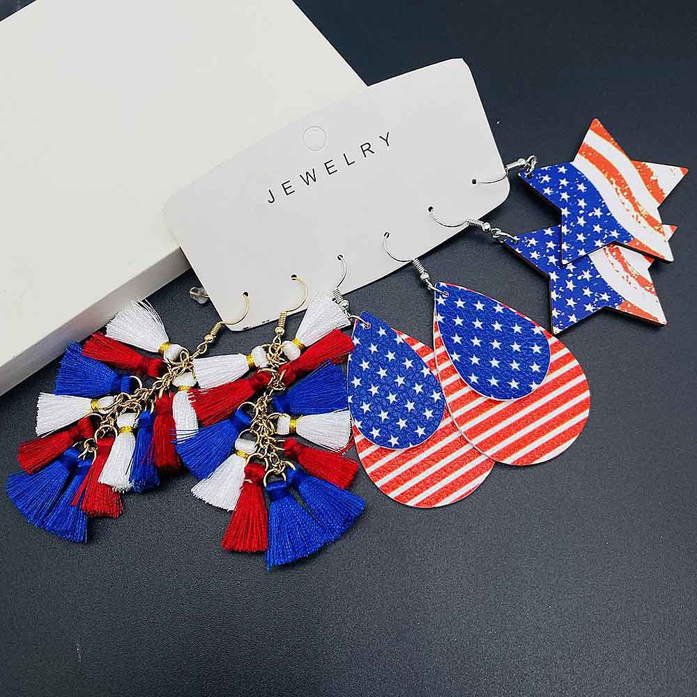 Wholesale  Tassel Independence Day Earrings Set Five-Pointed Star American Leather Earrings