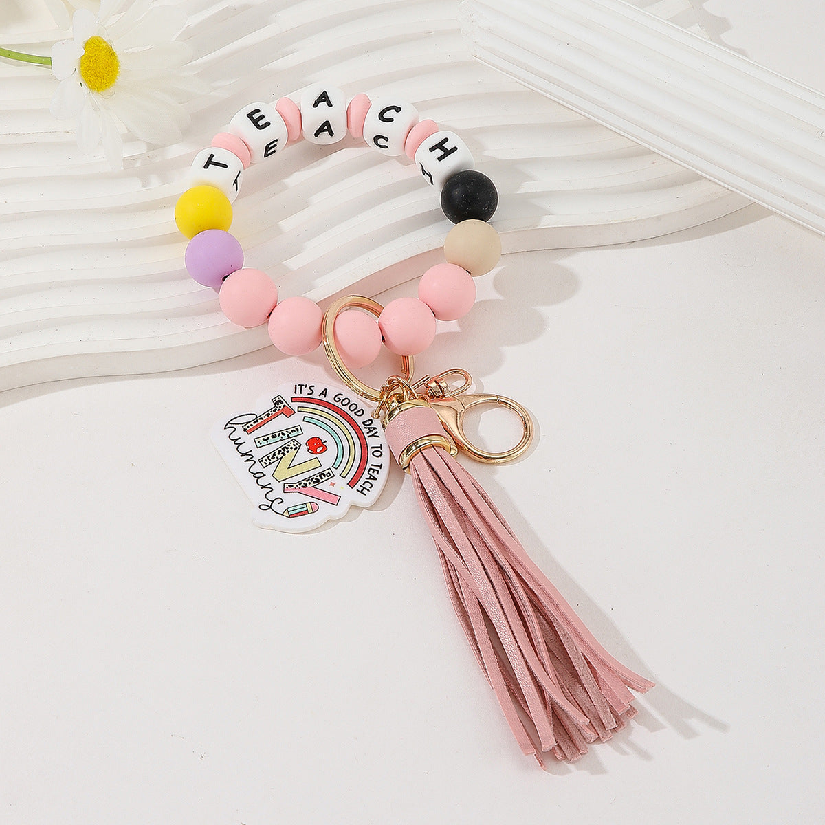 Wholesale Teacher's Day Silicone Letter Bracelet Acrylic Pendant Keychain Wristlet Keychain ACC-KC-Jinz004