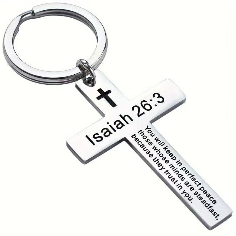 Wholesale creative Titanium Steel cross inspirational lettering metal keychain