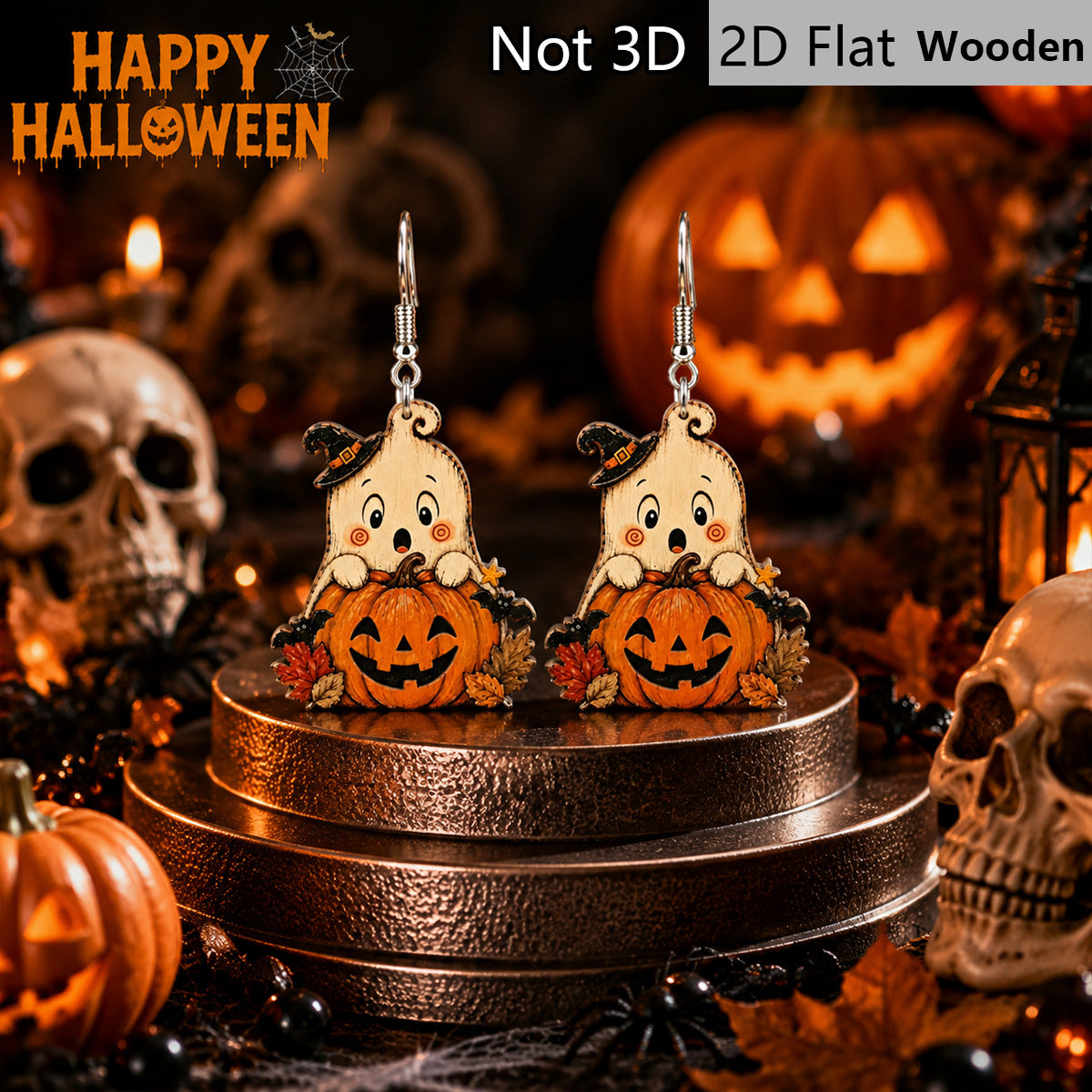 Wholesale Wooden  Earrings Cute Ghost Pumpkin Witch Vintage Maple Leaf Design Party Wear Jewelry Accessory For Resale