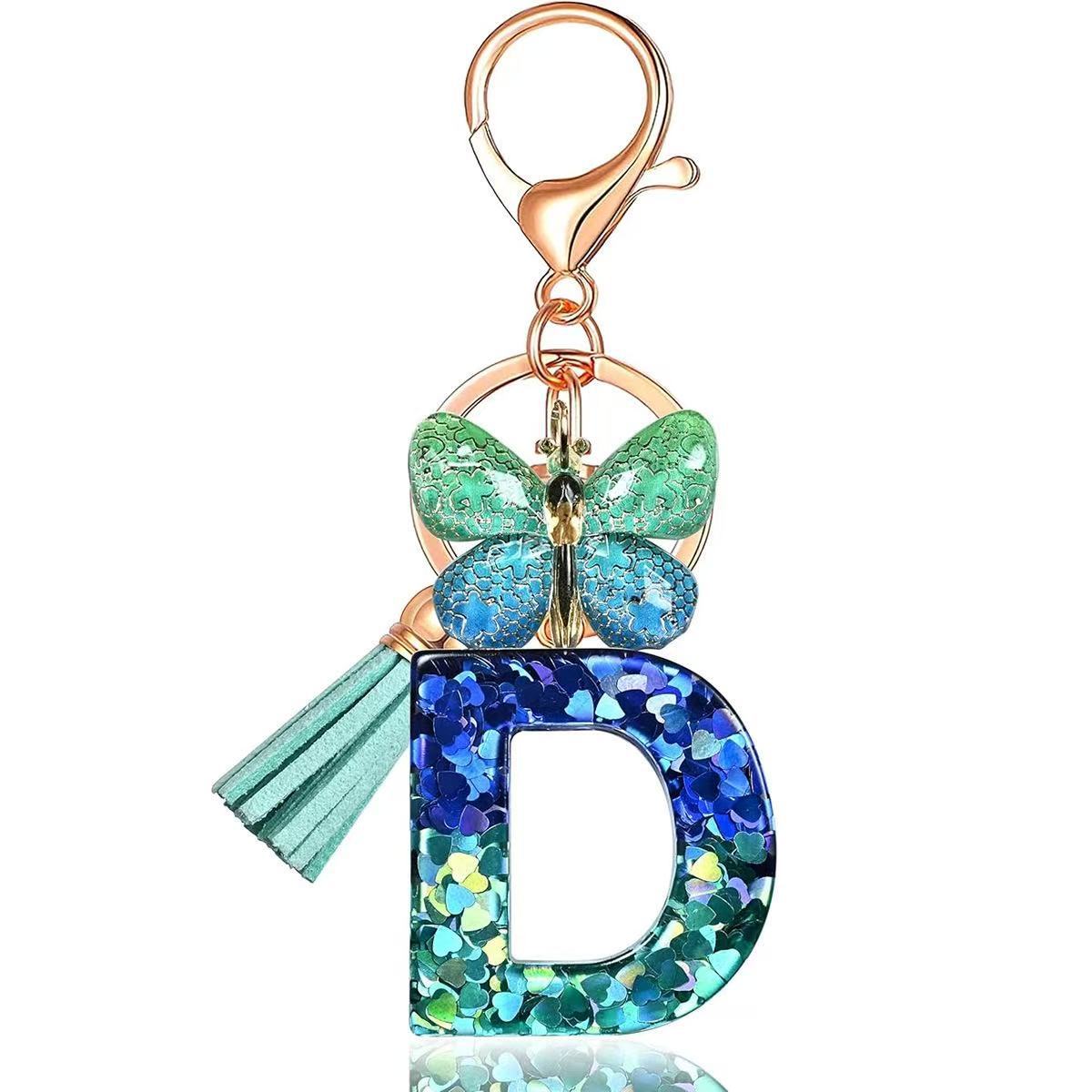 Wholesale Resin Alphabet Keychain With Butterfly Tassel Blue Gradient Vacation Style Fashion Accessory For Bags And Keys