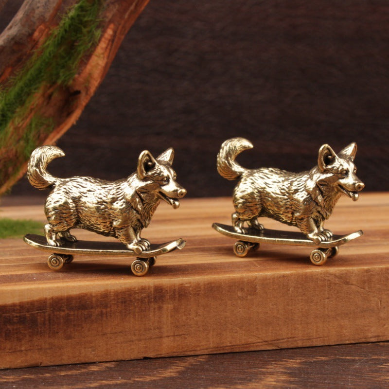 Wholesale Brass Skateboard Dog Figurine Chinese Zodiac Ornament for Resale Home Decor