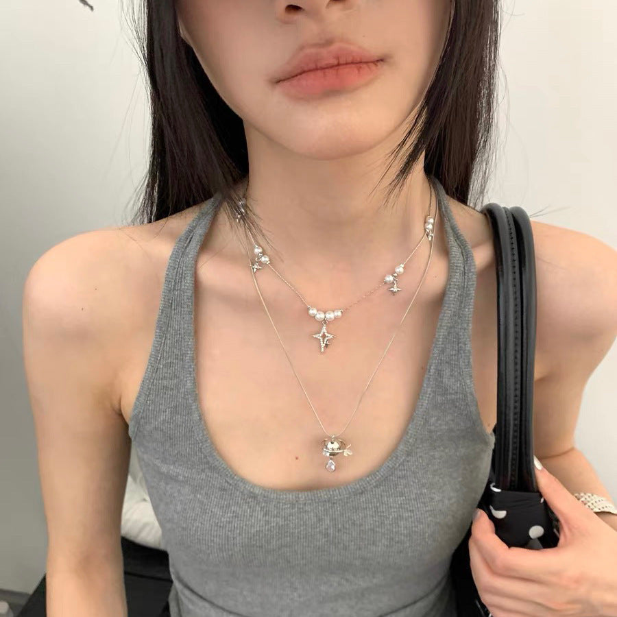 Wholesale Vintage Planet Pendant Double Layer Two Piece Necklace Set For Women Pearl Collarbone Chain Alloy Everyday Wear And Gift