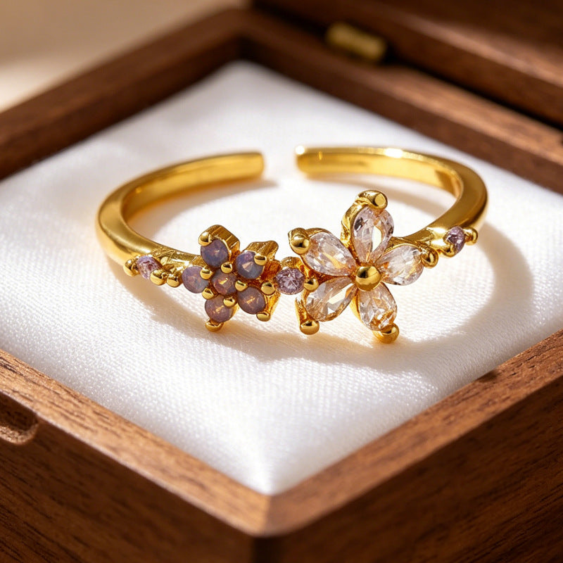 Wholesale Copper Open Flower Ring with Zircon for Women Everyday Wear Fashion Accessory