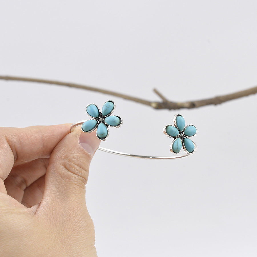 Wholesale Bohemian Open Bracelet Flower Inlaid Turquoise Boutique Resale Jewelry Accessory