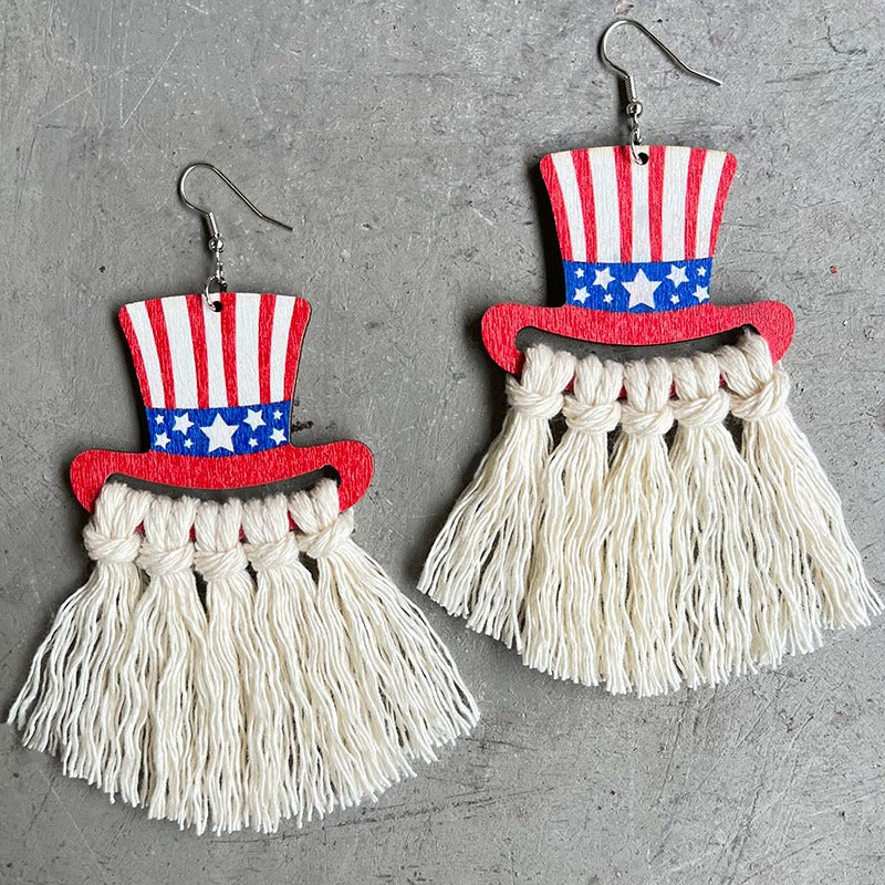 Wholesale 2 Pairs/pack American Independence Day Wooden Flag Hat Hand Woven Tassel Earrings ACC-ES-HY056