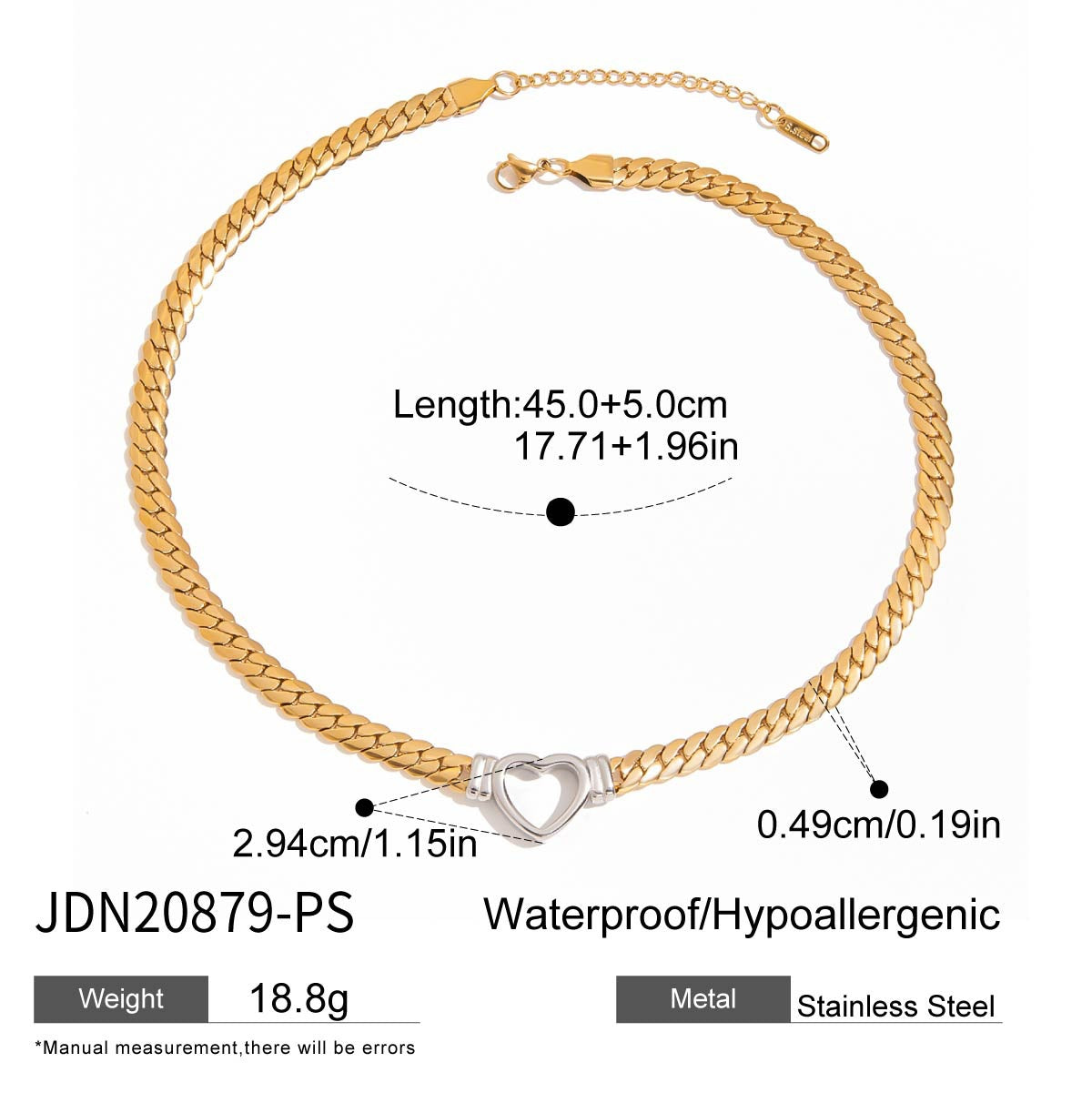 Wholesale  Stainless steel 14K Gold Cut Out Heart Flat Snake Chain Necklace