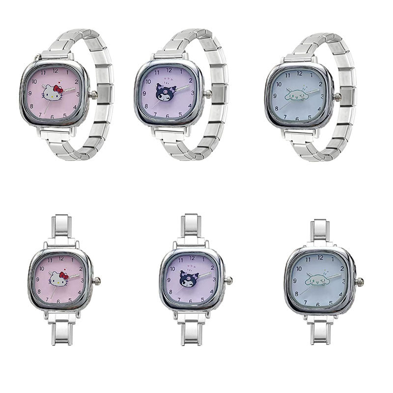 Wholesale Waterproof Square Quartz Watch with Stainless Steel Band and Cartoon Cat Design,  Everyday Fashion Accessory for Students