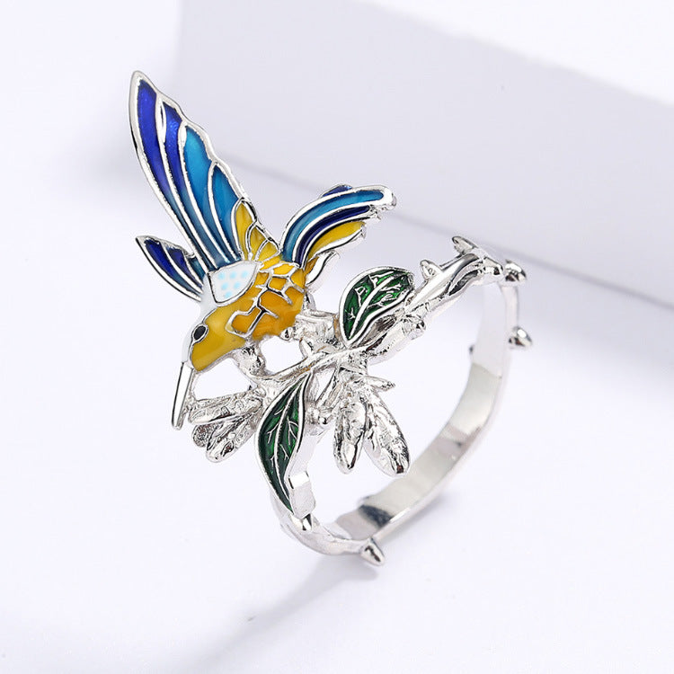 Wholesale  creative pastoral style enamel three-piece hummingbird ring necklace earrings  jewelry