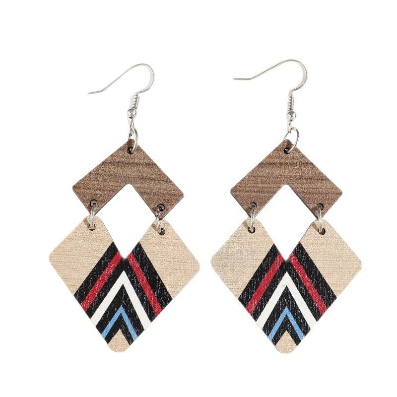 Wholesale Retro Wooden Two-Color Striped Double Diamond and Heart Earrings for Women