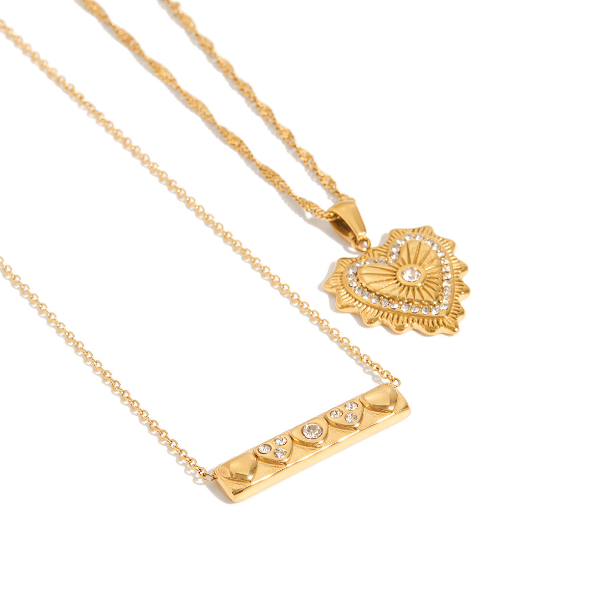 Wholesale 18K Gold Stainless Steel Heart Square Necklace with White Diamonds