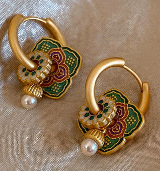 Wholesale Alloy Enamel Double Layer Flower Earrings French Palace Retro Pearl Design Fashion Accessory