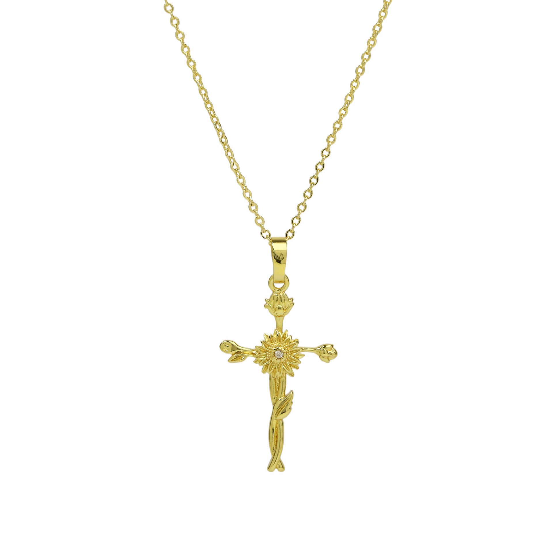 Wholesale  Brass Plated 18k December Flower Cross Pendant Necklace