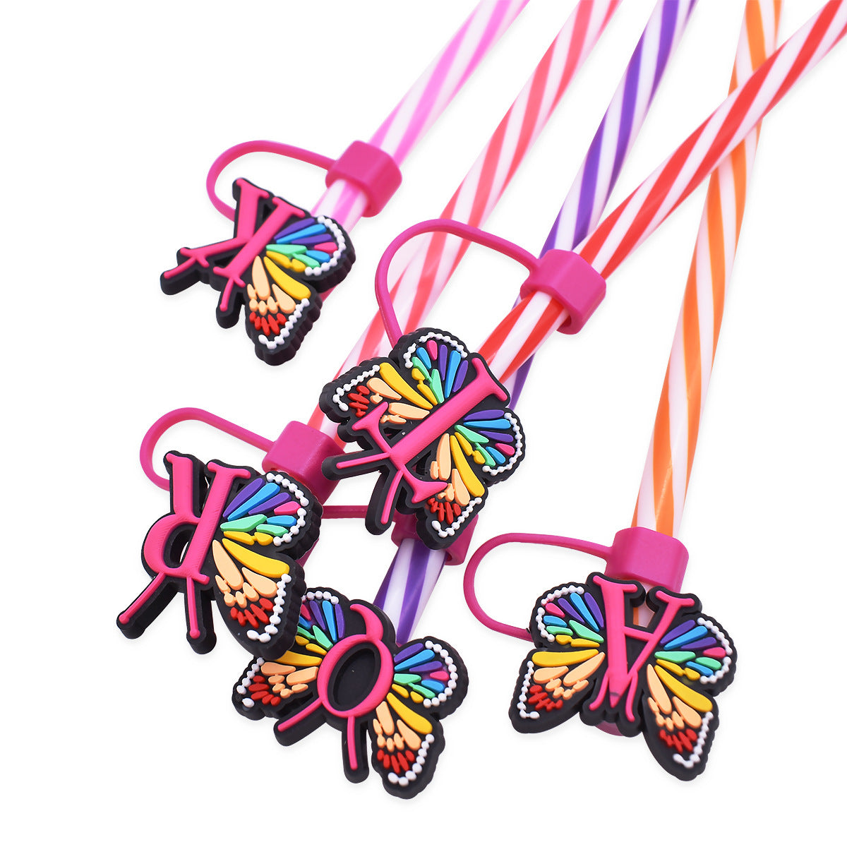 Wholesale 100pcs/Random Colored Butterfly Letter PVC Soft Rubber Straw Plugs ACC-SCR-RYY010
