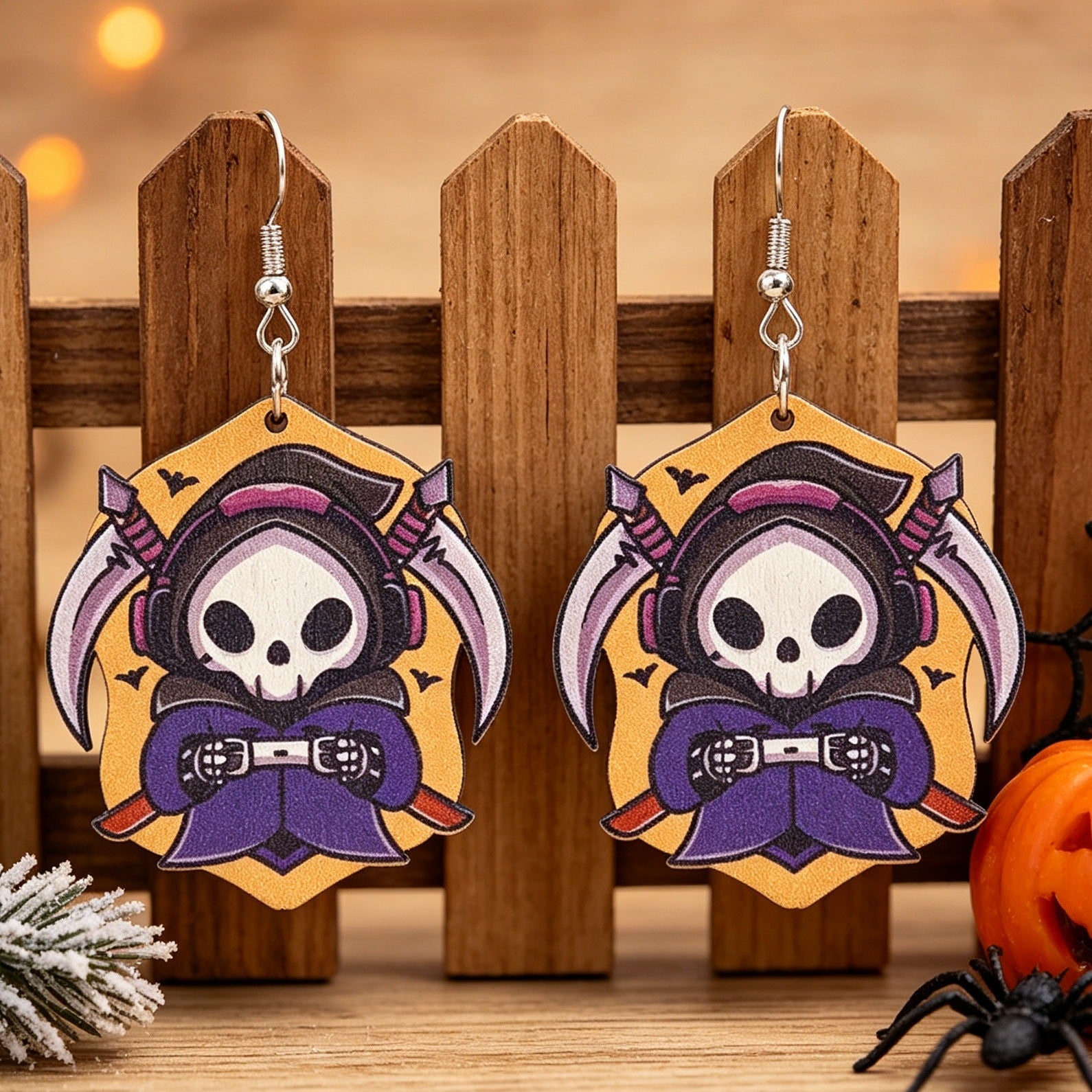 Wholesale  Cartoon Death Sickle Wooden Earrings Skull Bat Print Fashion Accessory Gift Boutique Resale