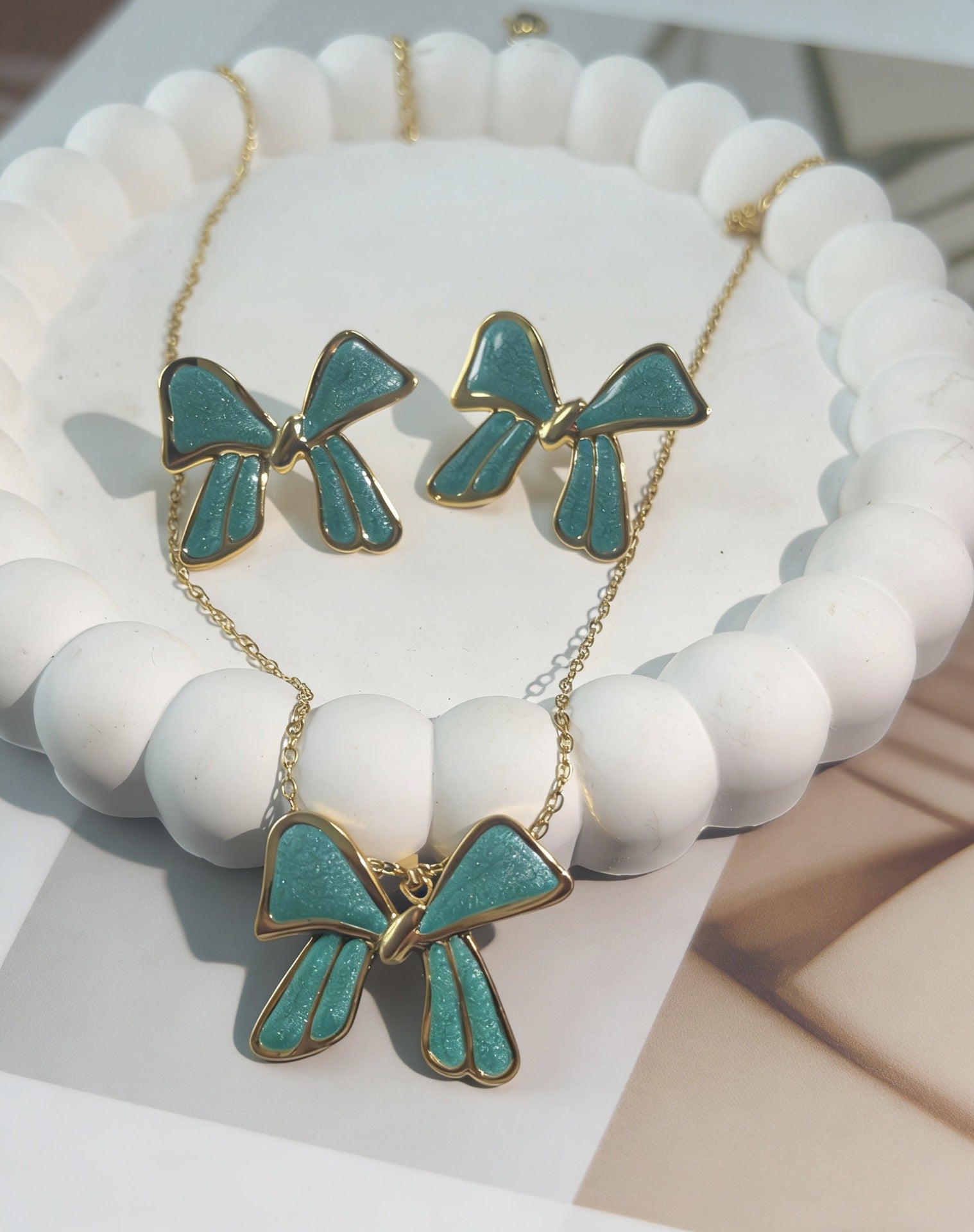 Wholesale Stainless Steel Flower and Teardrop Enamel Earrings and Necklace Set