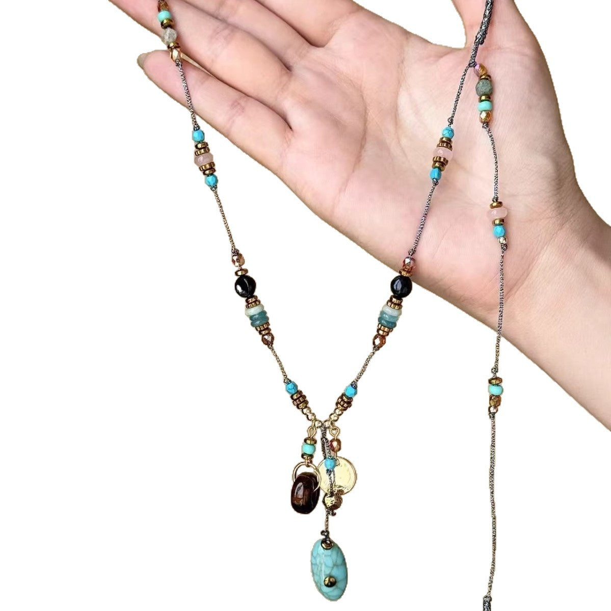 Wholesale Vintage Turquoise Pendant Long Necklace,  Bohemian Layering Jewelry,  Fashion Accessory for Women