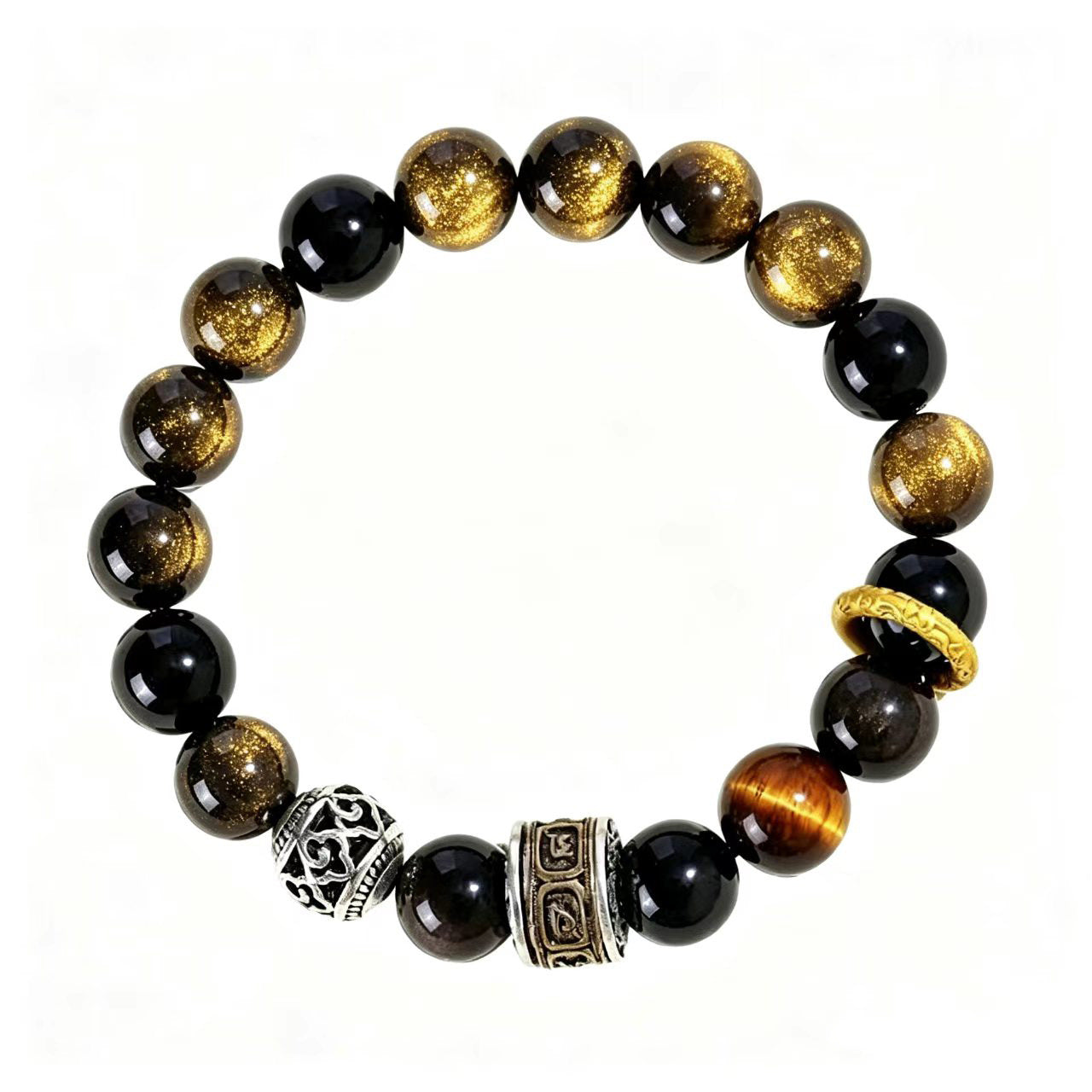 Wholesale 10Mm Silver Obsidian Tiger Eye Stone Bead Bracelet Retro Mantra Cylinder Design Stylish Unisex Jewelry Accessory For Gift Resale