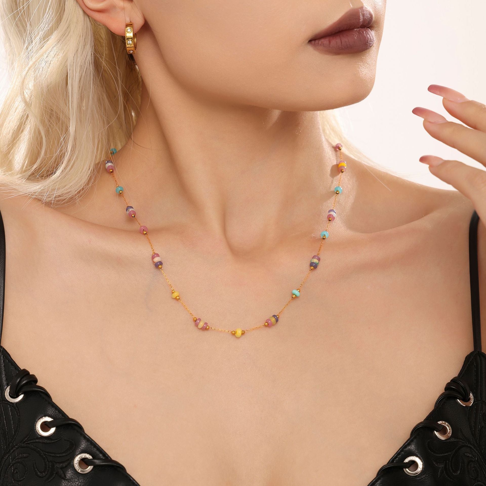 Wholesale  Stainless Steel Natural Stone Mixed Color Abacus Bead Necklace
