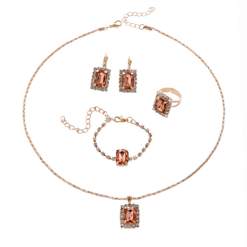 Wholesale Geometric Square Diamond Necklace Ring Bracelet Earring Sets ACC-NE-ChaoKai015