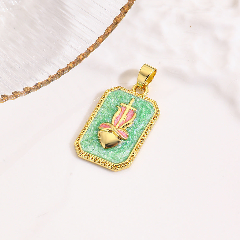 Wholesale square color dripping copper love conch shell eye moon jellyfish tarot pendant necklace