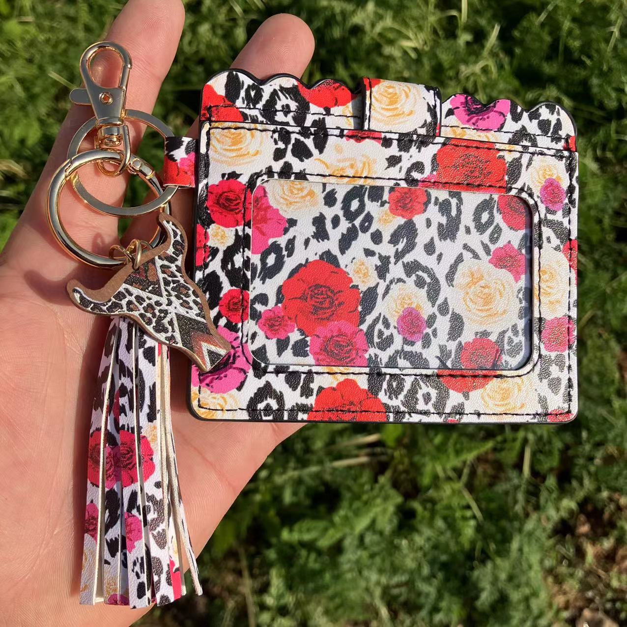Wholesale Western Style Butterfly Rose Flower Cow Head Leather Card Holder Tassel Keychain ACCVIP-KC-QiuXue003