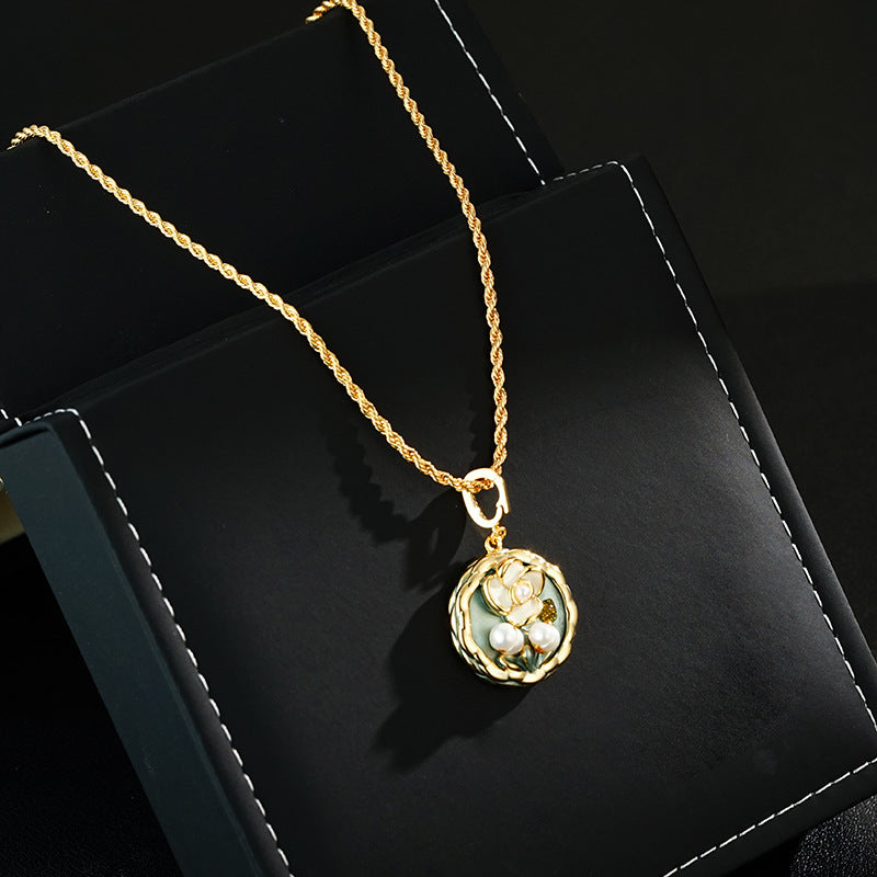 Wholesale  Green Oil Painting Style Natural Freshwater Drop Flower Round Pendant Necklace