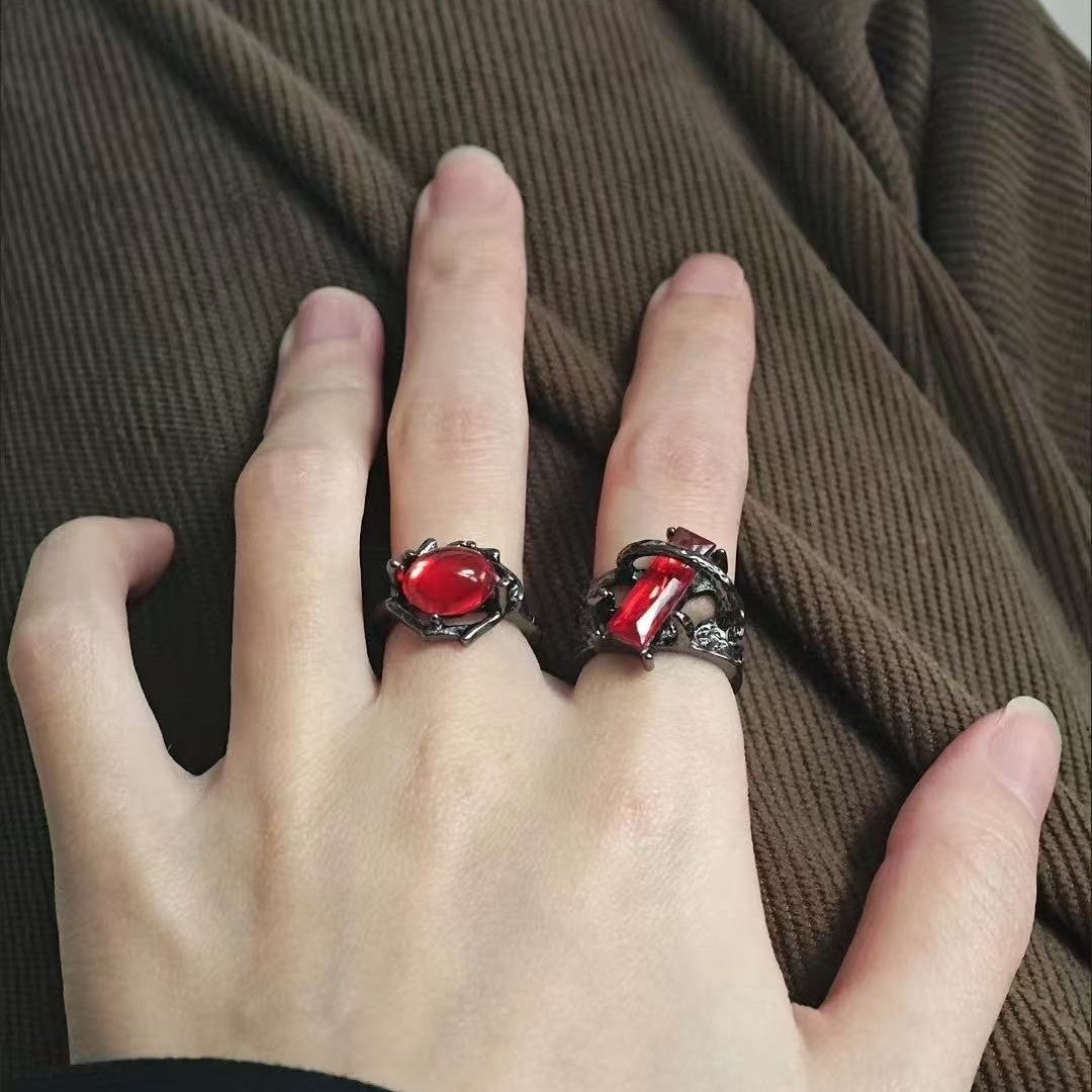 Wholesale Retro Red Geometric Gemstone Design Ring for Men and Women Niche Personality Punk Dark Hollow Texture Metal Ring