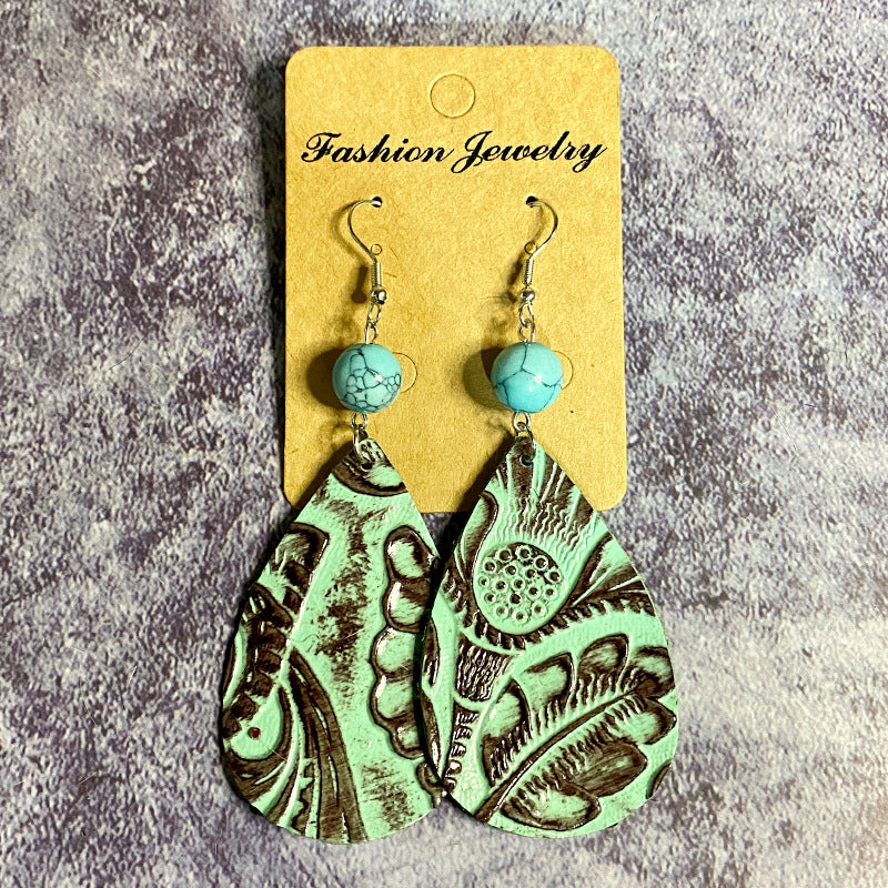 Wholesale Vintage Leather Earrings Western Style Long Teardrop Turquoise Stitching Earrings ACC-ES-XinChuan037