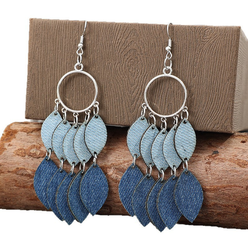 Wholesale PU Leather Leaf Tassel Earrings Retro Denim Light Blue Jewelry Accessory