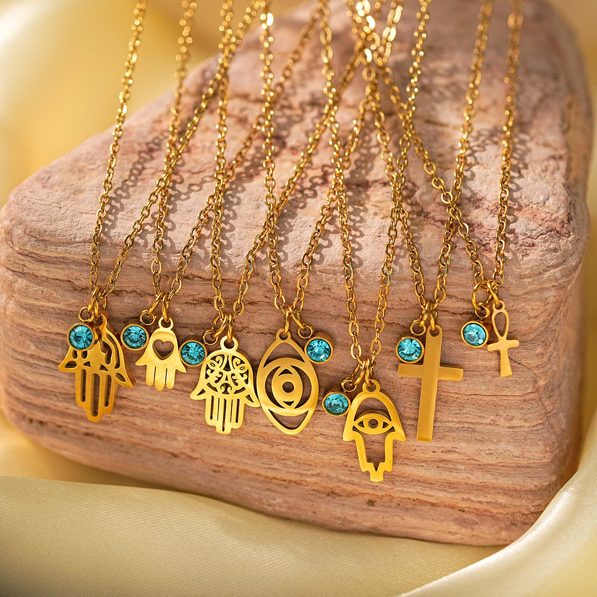 Wholesale Titanium Steel  Classic Twelve Constellations Birthstone Rhinestone Devil's Eye Cross Necklaces