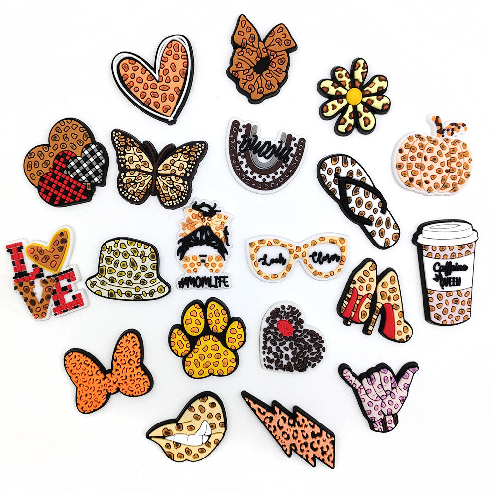 Wholesale 10pcs Leopard Print Coffee Cup Dog Claw Love PVC Soft Adhesive Hole Shoes Buckles ACC-SC-WanX002