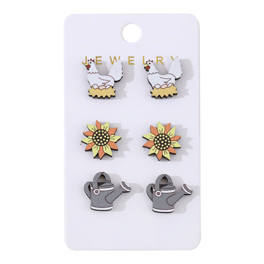 Wholesale cute chick sunflower watering can earrings set wooden earrings