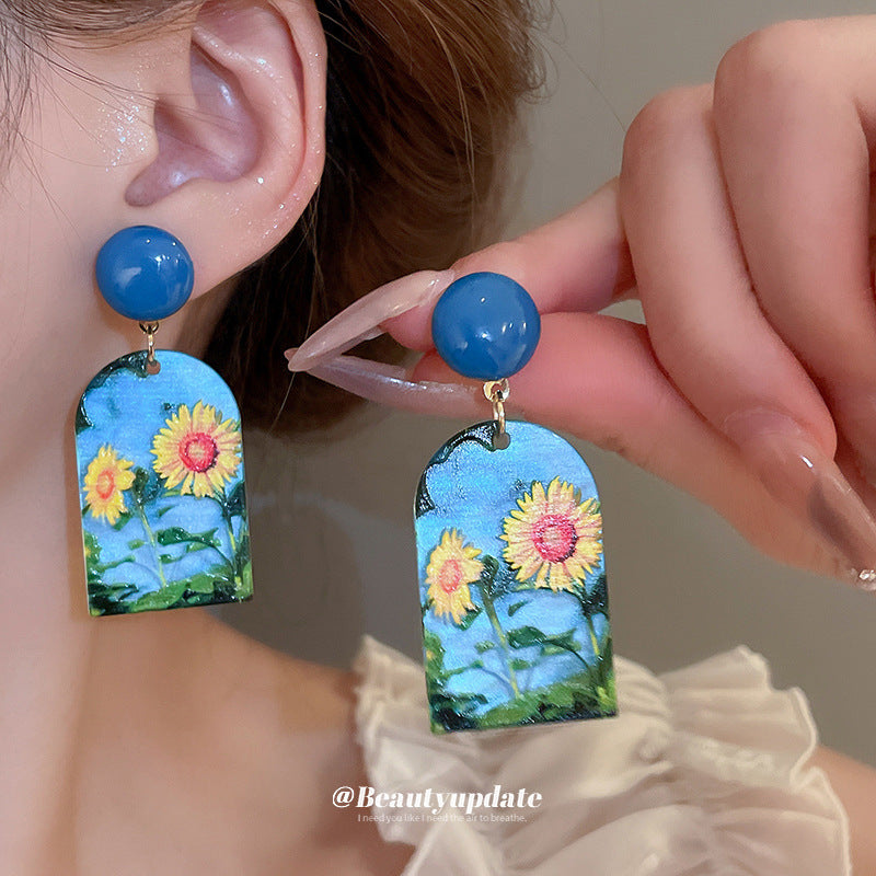 Wholesale Aesthetic French Style Oil Painting Sunflower Earrings