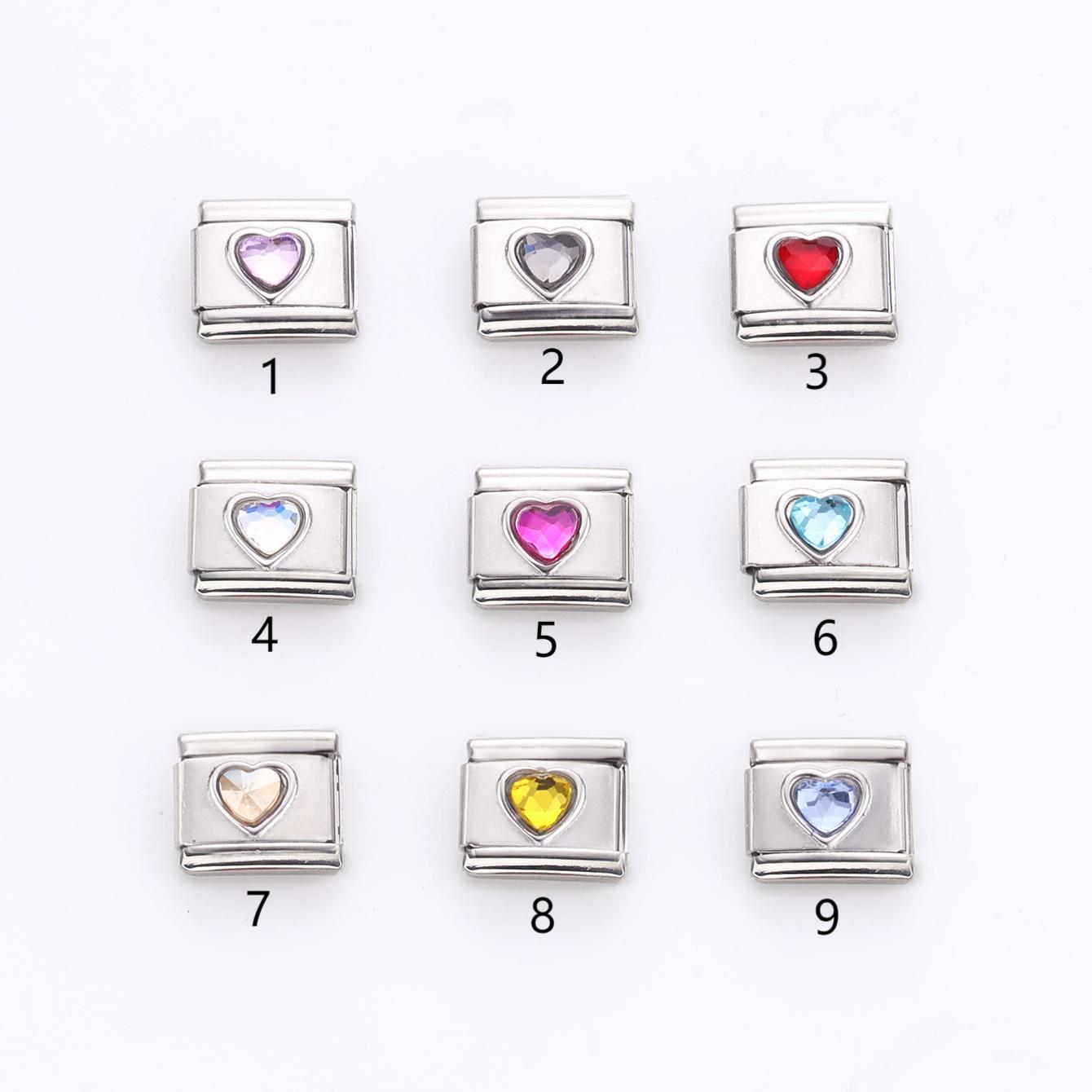 Wholesale 10pcs Italian Charm Bracelet 9mm DIY Splicing Colorful Heart Gem Stainless Steel Composable Bracelet