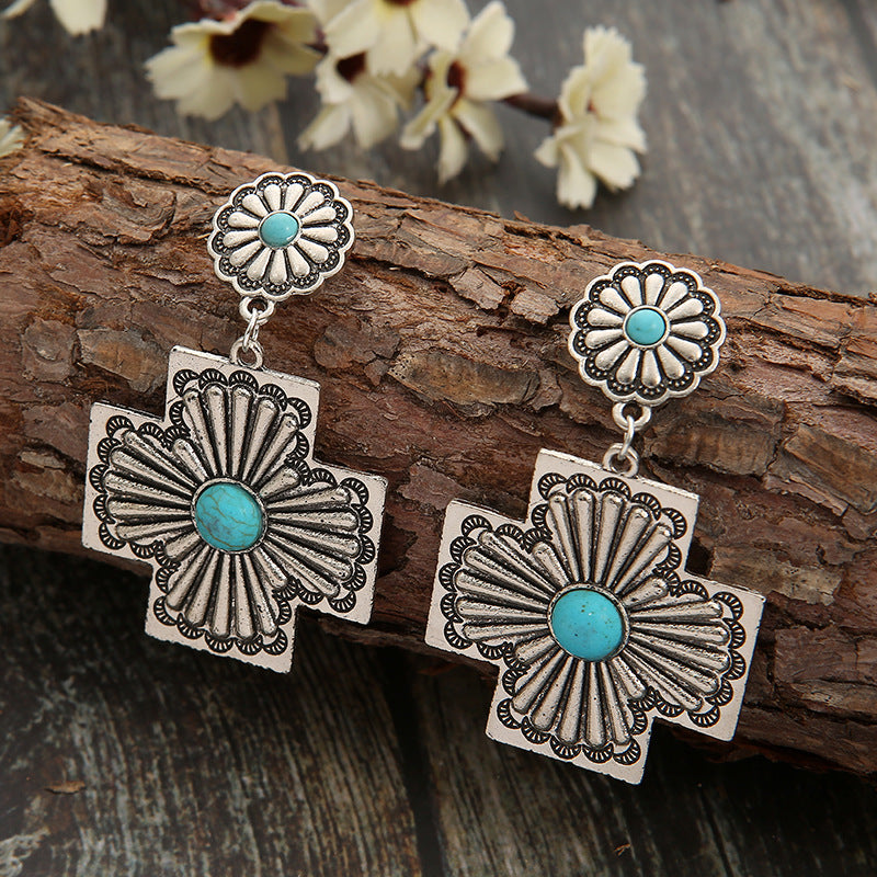 Wholesale Retro Western Turquoise Cross Earrings Alloy Electroplated Chic Jewelry Accessory Gift