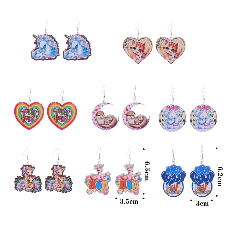 Wholesale Mother' s Day Wooden MOM Leopard Print Lip Print Creative Cartoon Earrings