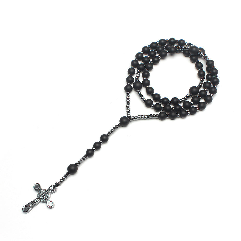 Wholesale  black agate round beads black gallstone cross  long sweater chain