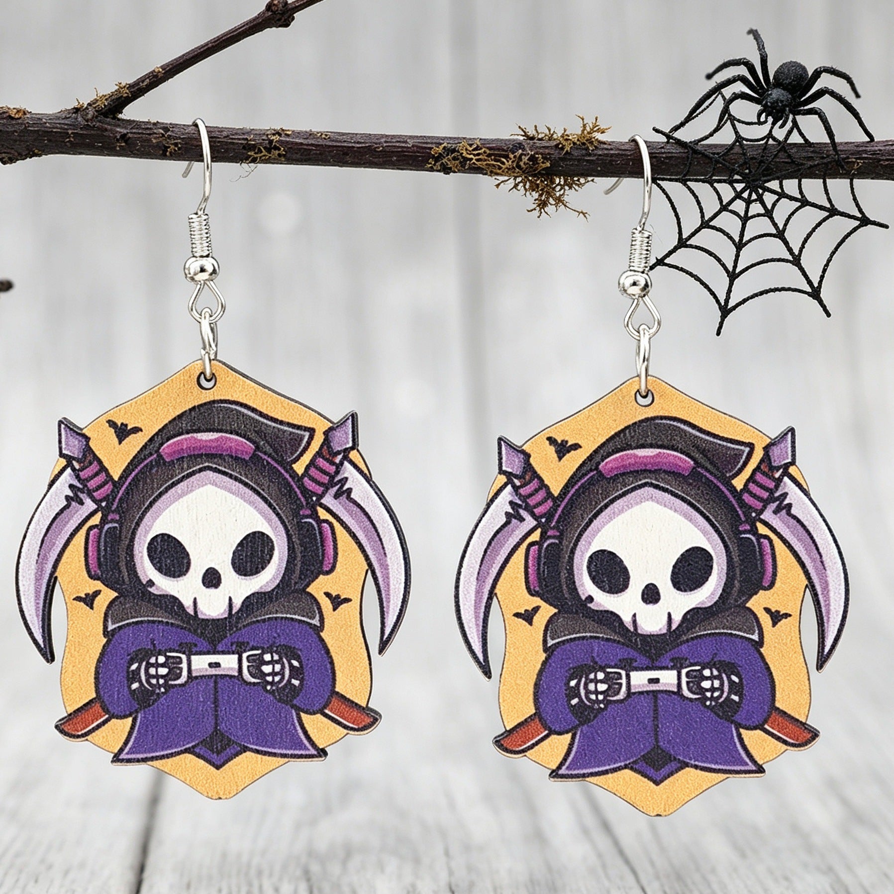 Wholesale  Cartoon Death Sickle Wooden Earrings Skull Bat Print Fashion Accessory Gift Boutique Resale