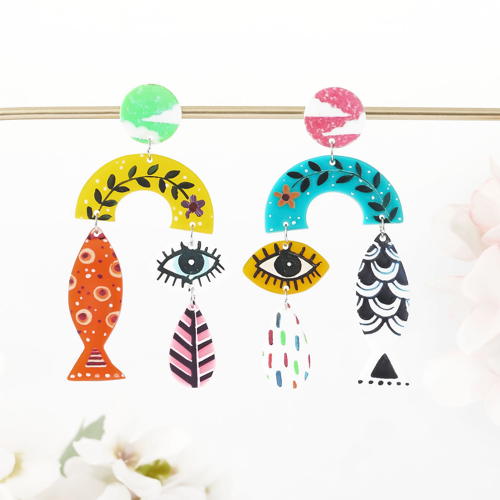 Wholesale acrylic  fish eyes leaf printing vintage earrings