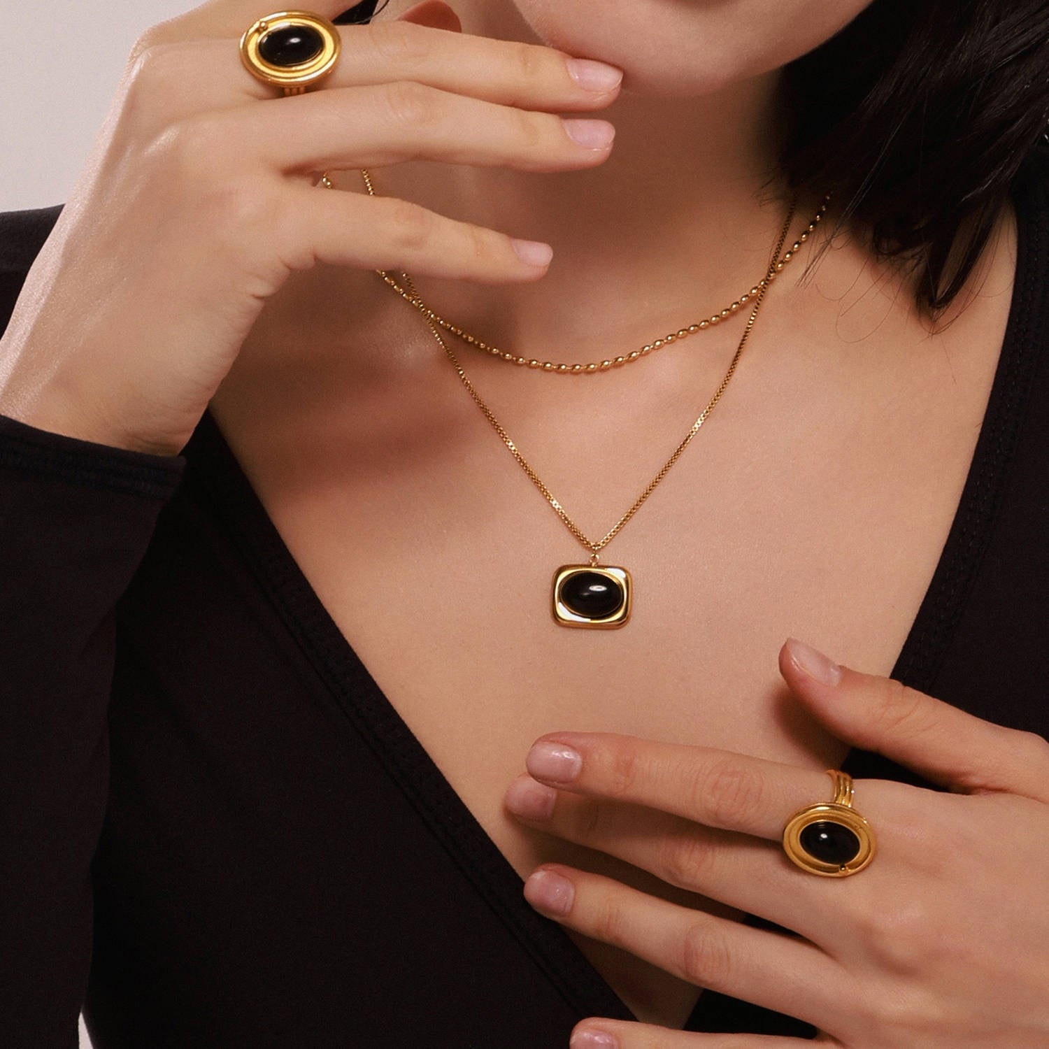 Wholesale Stainless Steel  Natural Black Onyx Earrings Necklace