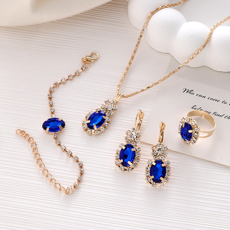 Wholesale Diamond Teardrop Oval Necklace Ring Bracelet Earrings Four-piece Sets ACC-NE-ChaoKai014