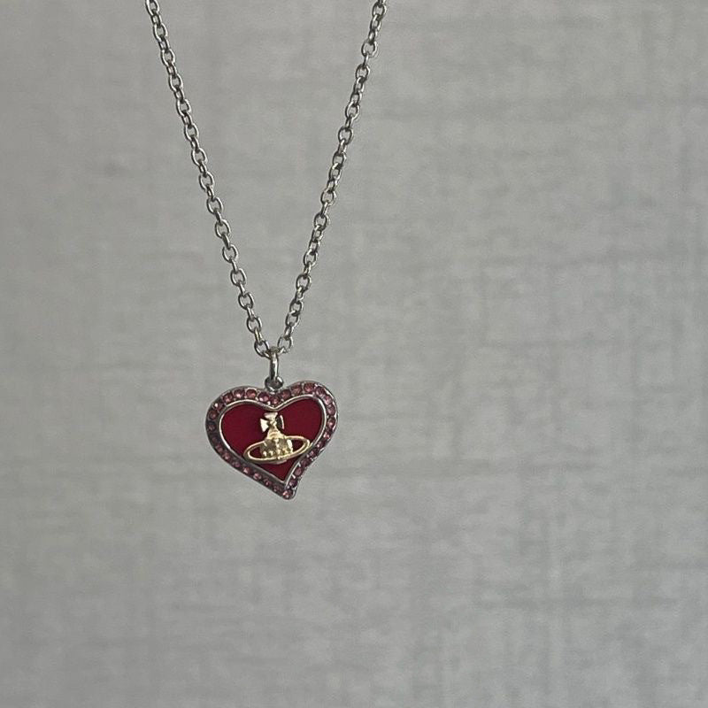 Wholesale New Niche Pink Heart Saturn Necklace for Women,  Ins-Style Light Luxury Design,  Long Clavicle Chain,  Student Version Choker