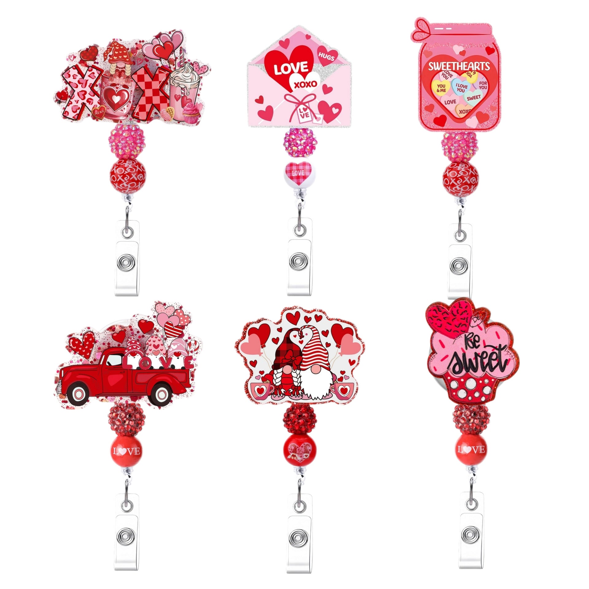 Wholesale  Pink Beaded Valentine' s Day Retractable Badge Reels,