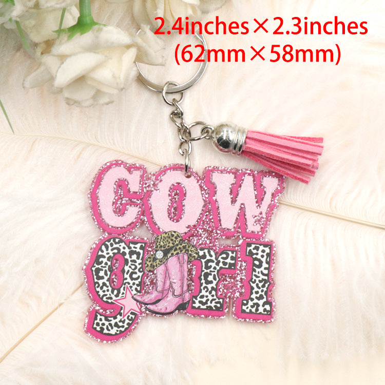 Wholesale Western Style COW GIRL Pink Glitter Acrylic Keychain Creative Keychain Western style ACC-KC-XiaoYan002