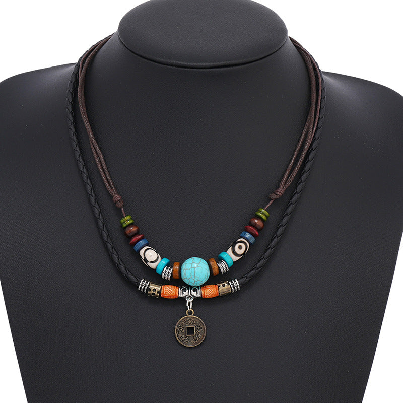 Wholesale Vintage Multi-layer Turquoise Beaded Braided Leather Necklace Men Necklaces ACC-NE-PK002