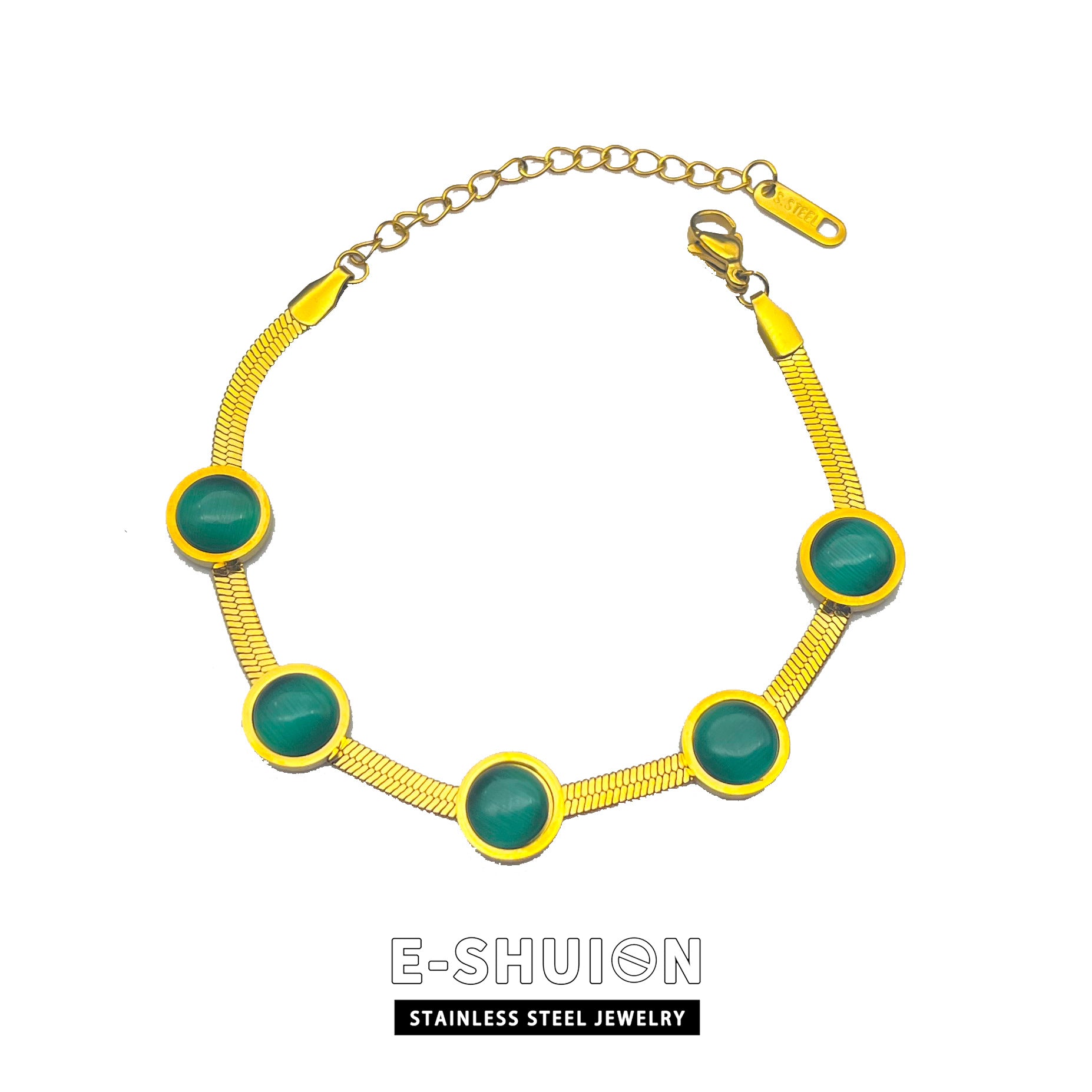 Wholesale Vintage Emerald Necklace Cat's Eye Jewelry Set Titanium Steel Necklace 18k Gold Bracelet Earrings ACC-NE-YiSheng006