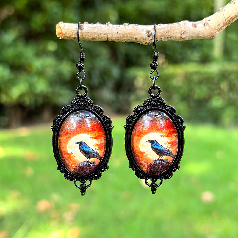 Wholesale Halloween Black Crow Time Gemstone Pendant Earrings