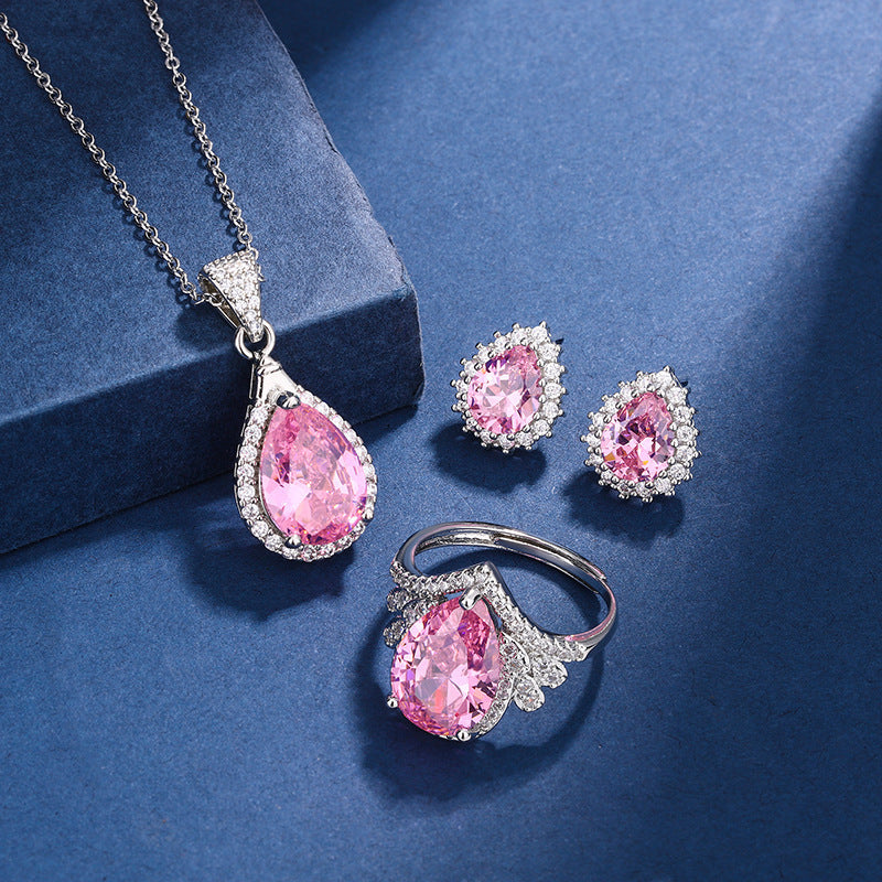 Wholesale Sakura Pastel Treasure Set Pink Zircon Necklace Ring Earrings Set ACC-NE-JRD005
