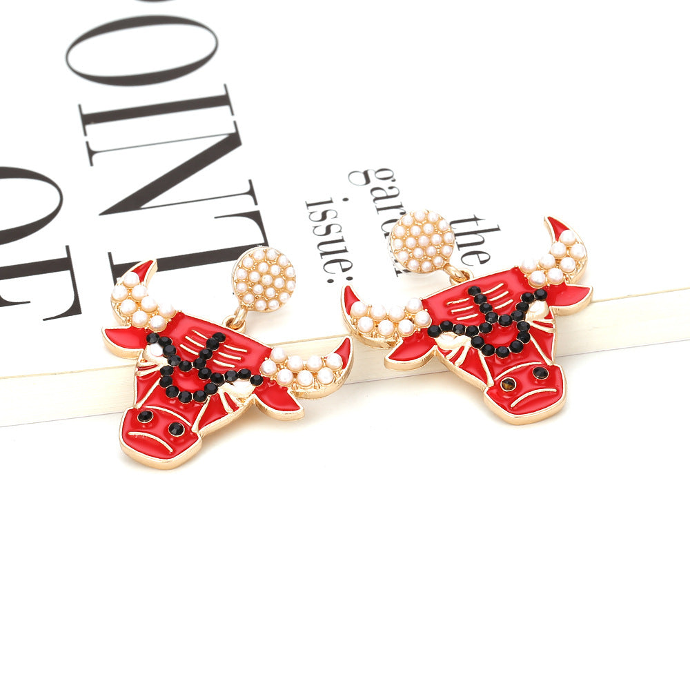 Wholesale Exaggerated Enamel Pearl Bull Head Earrings